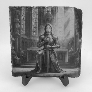 Schieferuntersetzer “Jeanne d’Arc vor dem Altar” – 10x10 cm – KI-Artwork