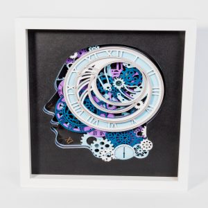 🧠 3D Wandbild „Zeit im Kopf“ – Multilayer Holzkunst (7 Schichten)
